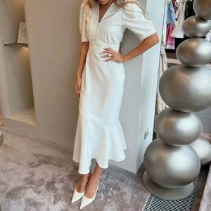 Robe midi élégante en satin blanc, col en V, manches bouffantes, ourlet évasé, tenue de soirée, robe décontractée de printemps - Product Image 2