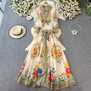 Women's High-End Bow-<b>Tie</b> Waist-Cinching Short-Sleeve Collared Blouse With Button-Front Print Skirt 2-Piece <b>Set</b> Fashion - Product Image 3