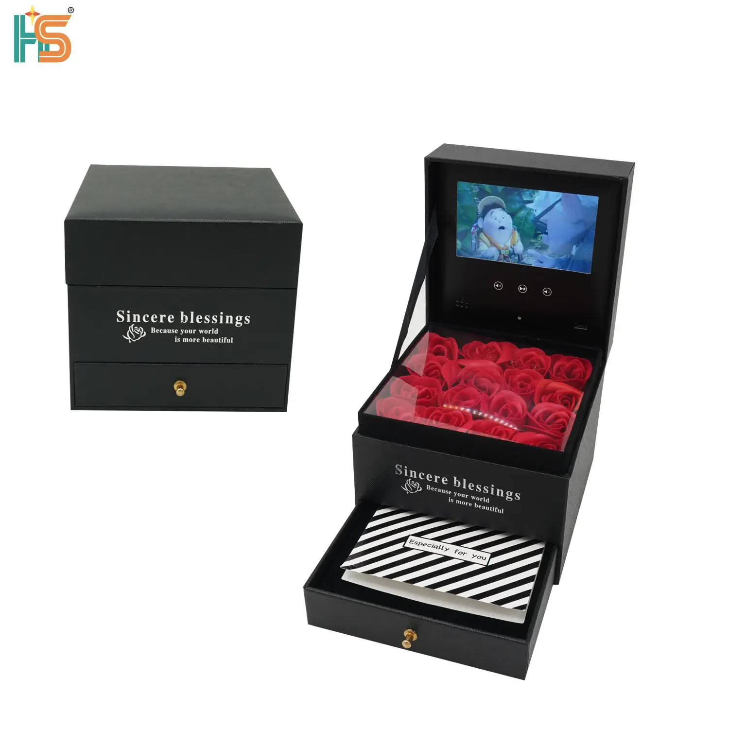 Luxe 4.3 Inch Lcd-Scherm Stijve Doos Ring Sieraden Rose Bloem Verpakking Custom Video Geschenkdoos Met Lade