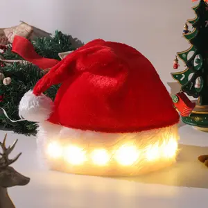 Световые рождественские светодиодные шляпы Санта-Клауса Новогоднее украшение Рождественская плюшевая шляпа Санта-Клауса со светодиодными огнями для взрослых и детей
