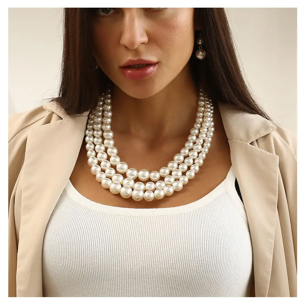 Women's simulated faux pearl three multi strand bib statement necklace and earring jewelry sets