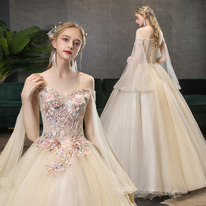 Off Shoulder Champagne Color Long Evening Gown Women's Stage Performance Dress With Puffy Skirt For Vocal Arts Choir Folk Songs - Product Image 1