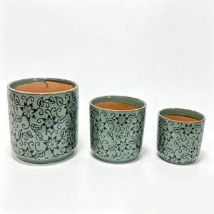 Juego de 3 Macetas de Cerámica Verde Oliva con Estampado Floral, Macetas Cilíndricas para Hierbas, Decoración del Hogar - Product Image 3