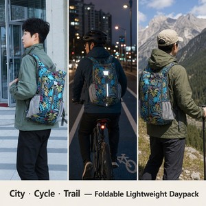 Sac à dos de randonnée pliable avec bande réfléchissante, sac à dos de jour pliable, poche avant zippée, bretelles rembourrées pour le cyclisme, les voyages et la sécurité nocturne - Product Image 5
