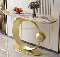Meilleures ventes Tables consoles demi-lune de luxe avec pieds en acier inoxydable doré, plateau en pierre frittée, table d'entrée rectangulaire