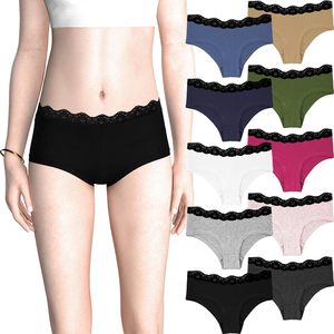 Lot de 10 culottes boyshort pour femme, taille mi-haute, en coton extensible avec dentelle, respirantes - Product Image 1