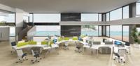 Poste de travail modulaire pour six personnes en MDF revêtu, éco-responsable, design triangulaire, bureau commercial moderne