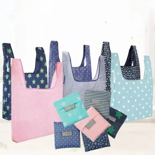 Saco de compras dobrável de nylon reutilizável, saco eco-friendly com bolsa em poliéster