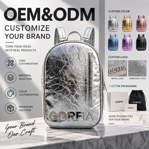 Mochila de Piel Sintética Metálica para Mujer, Mini Bolso de Viaje, Textura Arrugada Plateada, Bolso de Hombro Casual, OEM, ODM, Logotipo Personalizado - Product Image 1