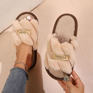 Chaussons douillets en peluche pour femmes, mules d'intérieur à bout ouvert en fourrure, confortables et silencieuses, semelle souple en EVA, pour chambre à coucher, automne-hiver - Product Image 5
