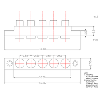 Connecteur Pogo Pin à double extrémité en laiton plaqué or, 5 broches, pas de 2,5 mm, pour PCB