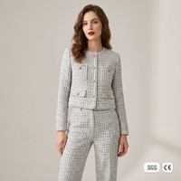 Ensemble tailleur chic parisien en tweed pour femme, OEM ODM, blazer sans col, pantalon droit, vêtements de travail de luxe, boutique de vêtements