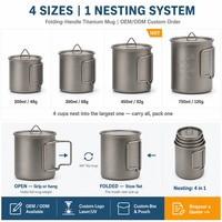Mug de camping pliable à paroi simple en titane pur de 450 ml, tasse à café de voyage en plein air avec couvercle et sac de rangement