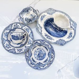 Vẽ tay retro tấm gốm bát và bộ cốc Bộ đồ ăn bằng gốm màu xanh và trắng Châu Âu - Product Image 2