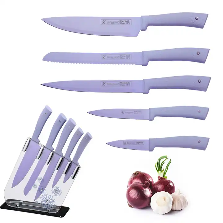 PurpleChef 10 Pieces Purple Galaxy Kitchen Knives Set. Includes 6 Stainless  Steel Knives, Scissors, Knife Sharpener, Peeler, and Clear Acrylic Stand.