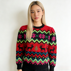 Red and Black <strong>Christmas</strong> Sweater <strong>Women</strong> Nordic Reindeer Fair Isle Knitted Pullover Wholesale OEM Factory Custom <strong>Jumper</strong> - Product Image 2