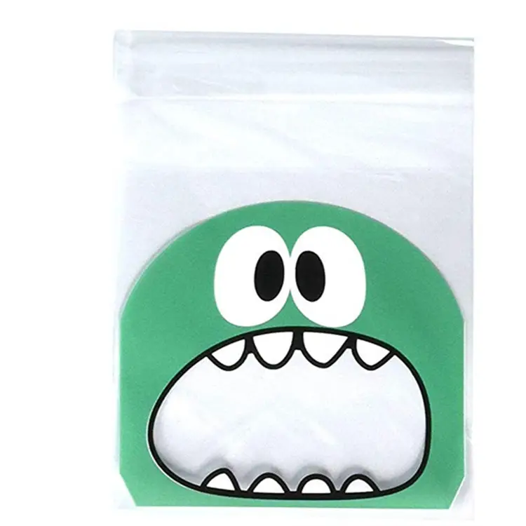 Premium Self Adhesive Candy Treat Plastic Bags Green Big Mouth Monster OPP Cookie Decorating Bags