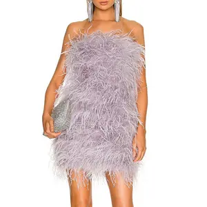 Tasarımcı kadınlar seksi ince korse Fit Bodycon akşam parti kokteyl devekuşu tüy elbise