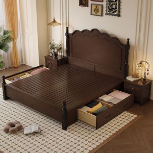 Solid Wood <b>Bed</b> Vintage American Style <b>Double</b> Platform <b>Bed</b> Durable Bedroom Furniture for Home Use - Product Image 3