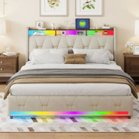 Lit en tissu beige gris avec ports USB-C intégrés, veilleuses activées par la musique et 4 paniers de rangement sous le lit à glissière fluide