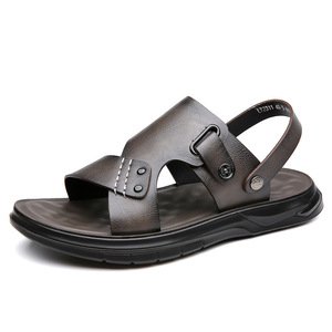 รองเท้าแตะหนังแบบเปิดนิ้วเท้าสำหรับผู้ชาย พื้นหนา รองเท้าลำลองชายหาด สวมใส่สบาย สีพื้น สีน้ำตาล สีเทา สีดำ 2311 - Product Image 5