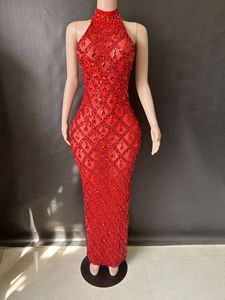 Robe longue moulante en maille transparente à col licou et strass pour femme - Robe de soirée tendance - Product Image 3