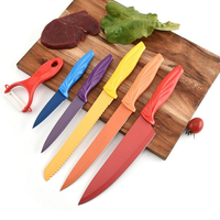 Ensemble de couteaux de cuisine colorés antiadhésifs, couteau à pain, couteau utilitaire, couteau à éplucher, 6 pièces, couteau de chef en acier inoxydable