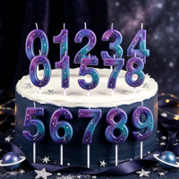 Bougies numérotées dégradées Galaxie Merri Wish 0-9, décorations de gâteau numériques scintillantes ciel étoilé pour fête d'anniversaire, Pâques, vente en gros