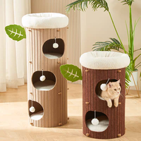 Grand arbre à chat cylindrique écologique en sisal, tour à 3 niveaux avec griffoir et jouet suspendu en carton