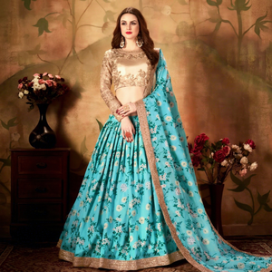 Blue Floral Organza A-Line Floor-Length <b>Lehenga</b> Choli Embroidered Bollywood Wedding Dress Women Party Outfit - Product Image 1