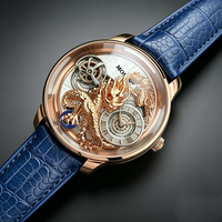 Montre mécanique pour homme Astronomia Dragon Series, saphir incurvé, cadran sculpté en 3D avec dragon doré, bracelet en cuir véritable bleu