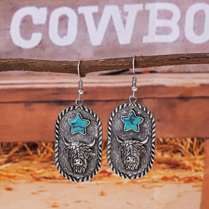 Turquesa <span class=keywords><strong>Pinto</strong></span> Horse Highland Cow Dangle Drop Pendientes Estilo occidental Vintage Colgante Diseños de animales de moda - Product Image 6