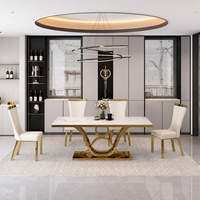 Ensemble de table à manger en marbre de luxe avec base en métal doré, mobilier de salle à manger moderne pour hôtel, villa, appartement