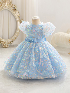 Vestido Elegante para Bebé Niña, Vestido de Tul Azul con Bordado Floral, Mangas Abullonadas y Lazo de Satén, Perfecto para Ocasiones Especiales - Product Image 3
