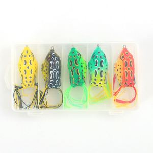 Set de 5 señuelos de pesca de rana artificial de superficie con cola larga para pesca en el fondo del lago, ideales para lubina. - Product Image 1