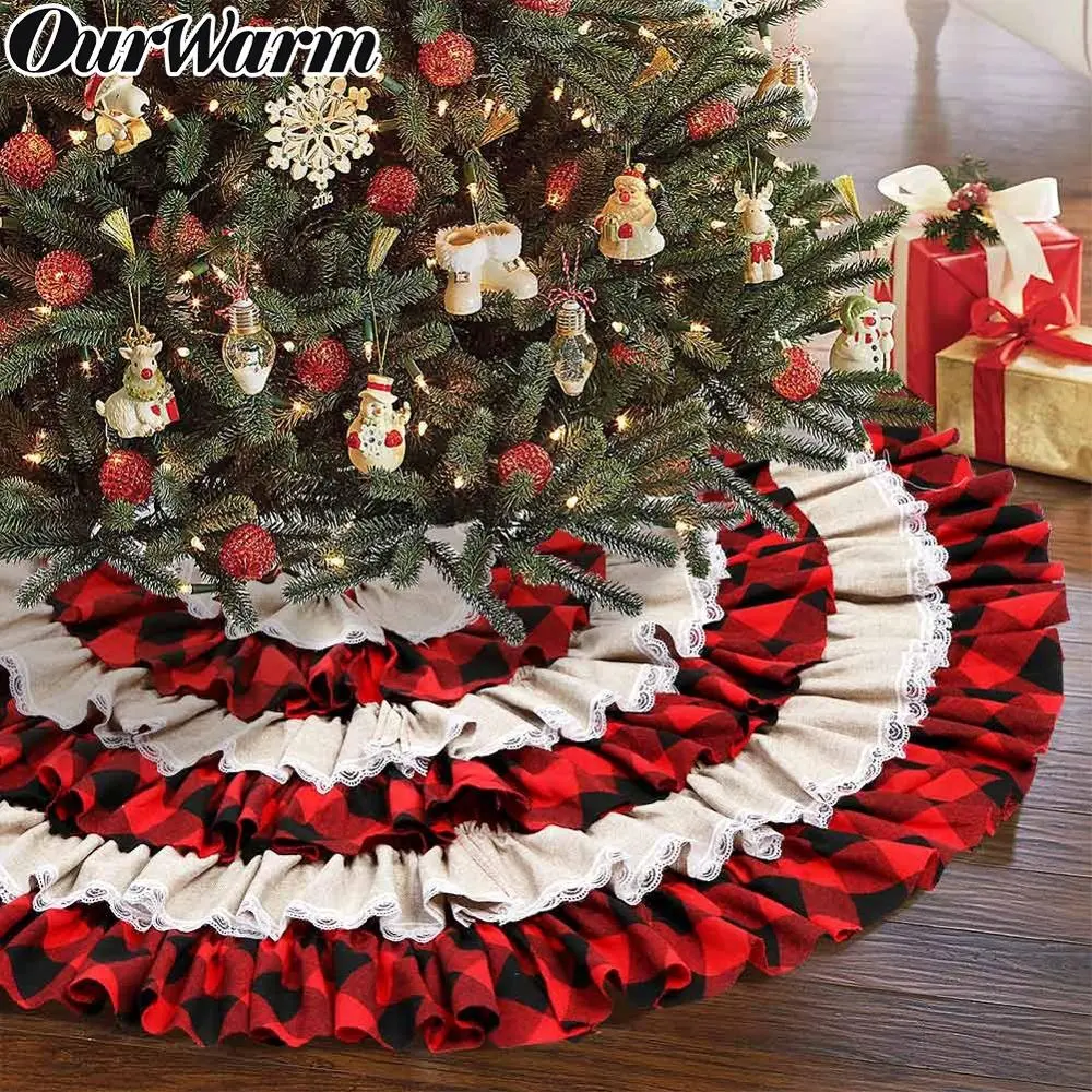 OurWarm Christmas Holiday Decorations 48 inch Red Black buffalo plaid tree skirt With 6 Layers Ruffle