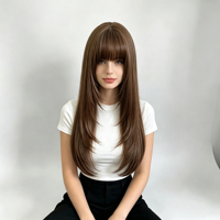 Perruque synthétique longue et droite brun clair avec frange aérienne, effet naturel dégradé, résistante à la chaleur, couvrant toute la tête