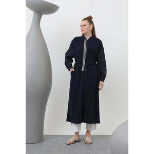 Puane Women's Navy Blue Shirred Waist <b>Dress</b> with Front Zipper and Stripe Details, Elegant Casual Midi <b>Dress</b> for Daily & Special - Product Image 1
