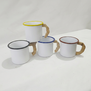 <b>Enamel</b> Camping <b>Mug</b> Set White With Wooden Handle Solid Color Rim Heat Resistant for Outdoor Use - Product Image 1