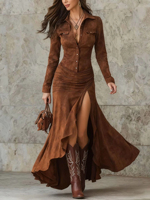 Robe longue élégante rétro unie à col revers et manches longues asymétriques pour femme, nouvelle collection printemps-automne, style streetwear