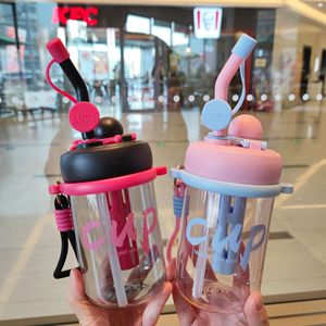 Double Drink Straw <b>Cup</b> <b>Plastic</b> Travel Mug Leak Proof Outdoor Water Bottle Student Gift - Product Image 2