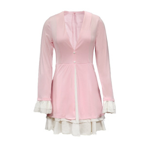 เดรสแฟชั่นผู้หญิงแบบสองชิ้นปลอม คอวีเซ็กซี่ แต่งระบาย - Product Image 6