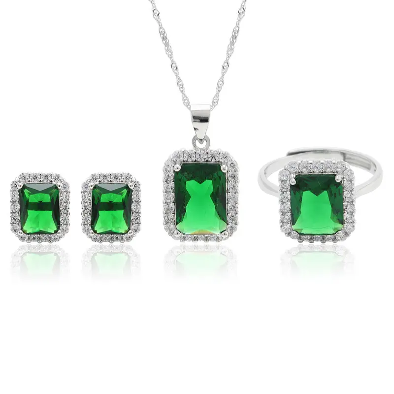 2023 vente en gros de luxe belle bague réglable en argent Sterling 925 concepteur émeraude bijoux américain diamant collier ensembles