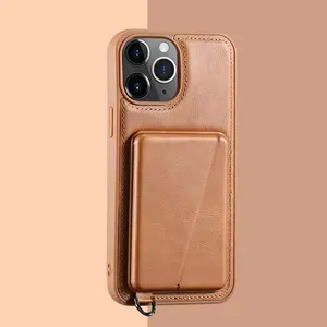 Luxury PU Leather Case for iPhone 15/14 Pro Max Wallet Case Cardslot Holder with Invisible Kickstand Wrist Strap Phone Case