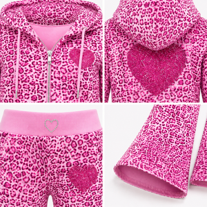 Fabricantes de Ropa, Conjuntos de 2 Piezas Personalizados para Mujer, Sudadera Corta con Cremallera y Estampado de Leopardo Rosa y Pantalones Acampanados con Pedrería, Ropa Urbana Y2K - Product Image 3