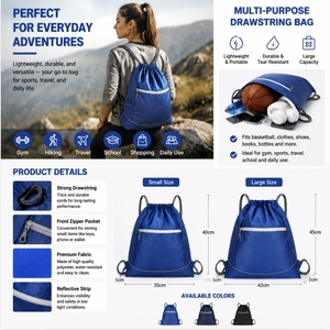 Wholesale High Quality Polyester <b>Drawstring</b> <b>Backpack</b> Reflective Strip Front Zipper Pocket Lightweight Gym Sports Cinch Sack Bulk - Product Image 2