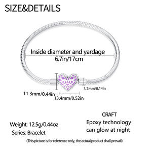 Copper Silver Plated Glow in the Dark Heart Enamel <b>Snake</b> <b>Chain</b> <b>Bracelet</b> Fit European Charm Beads - Product Image 5