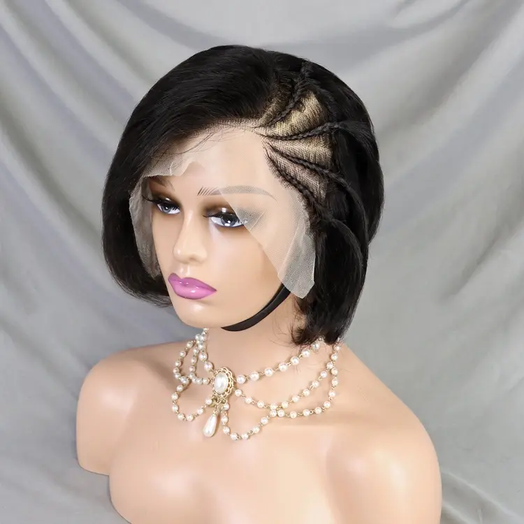 Wig Pixie rambut manusia mode baru 2024 Wig Pixie kepang sisi 12 inci warna 13x4 Wig Bob frontal renda