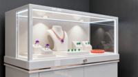 Hochwertige Luxus-Schmuckvitrine mit LED-Beleuchtung, Gehärtetem Glas, Umweltfreundlich, für Einkaufszentren, Beige, Rechteckig, Pflegeleicht