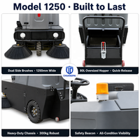 Balayeuse électrique autoportée 1250 mm de largeur, batterie 48 V, machine de balayage de rue, bac de 80 L, 6800 ㎡ /h pour parking, usine, route